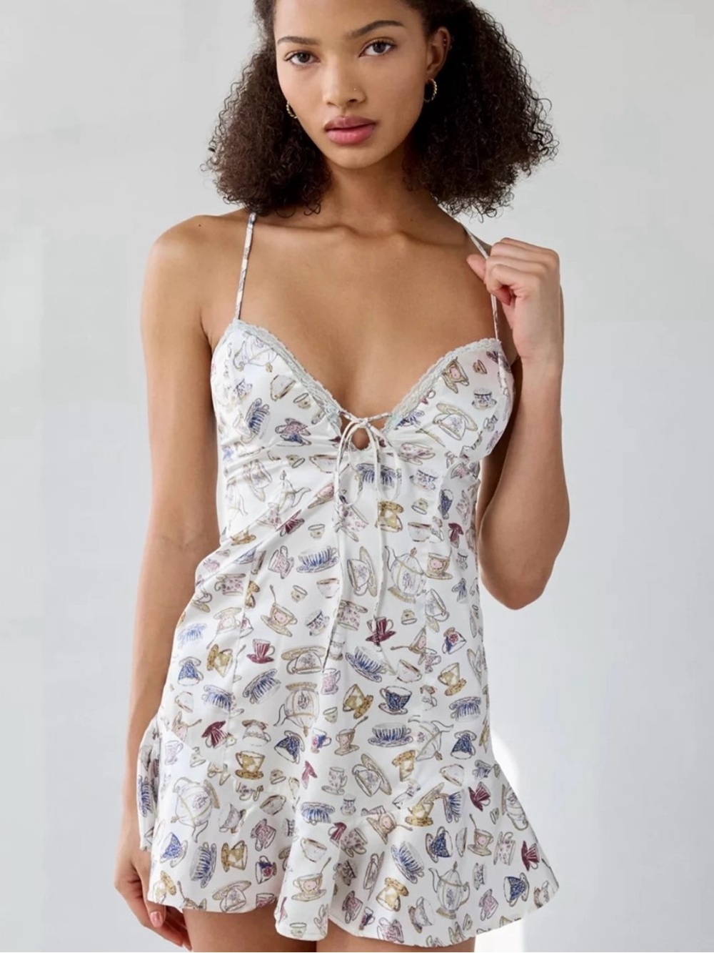 Urban Outfitters Out From Under White Tea Cup Print Satin Chemise with Lace Trim